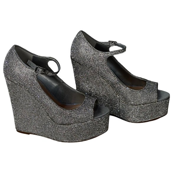 (9-228) Steve Madden Silver Rhinestone Platform Wedge Heels - Picture 12 of 14